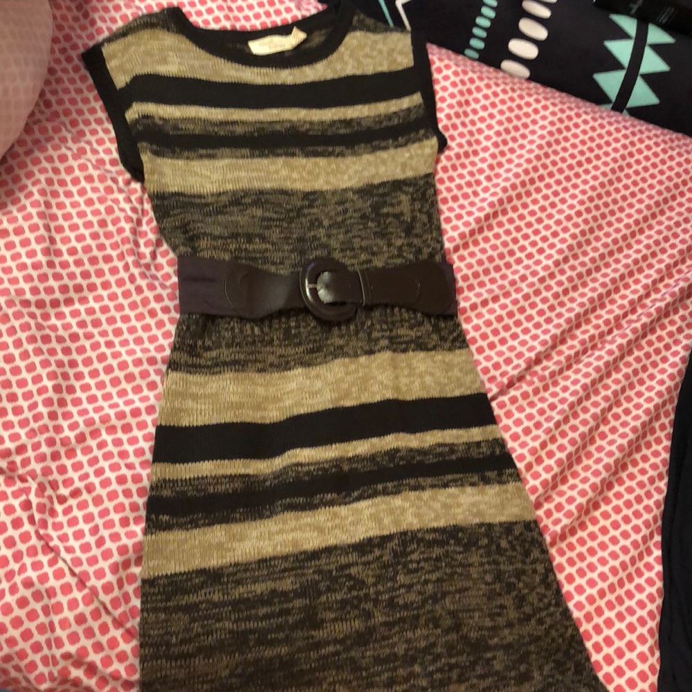 A brown and tan fitted winter dress.